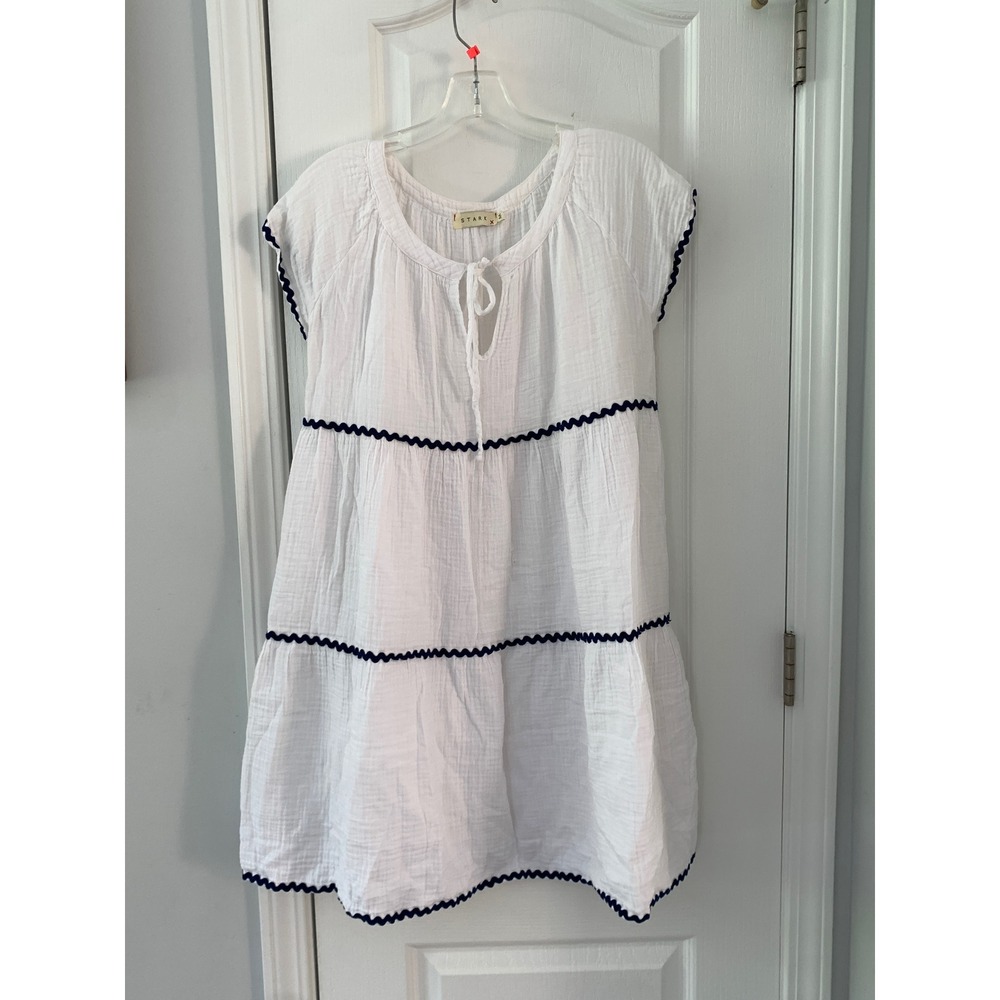 Stark X White Cotton Gauze Ric Rac Tiered Mini Dress Navy Trim Pockets  sz M